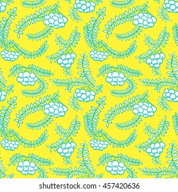 Rowan berry floral botany seamless pattern in line art style. Doodle bright hand-drawn background with branches and leaves
