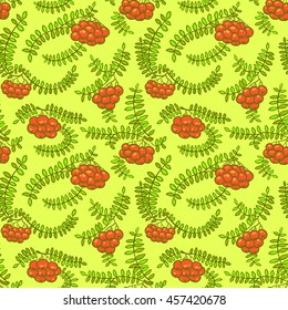 Rowan berry floral botany seamless pattern in line art style. Doodle bright hand-drawn background with branches and leaves