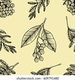 Rowan berry floral botany seamless pattern in line art style. Doodle black and white hand-drawn background with branches and leaves