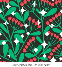Rowan berry seamless pattern. Cute flat hand drawn Christmas print with red berries, twigs and sparkles. Fresh winter vector floral texture for fabric swatch or wrapping paper.