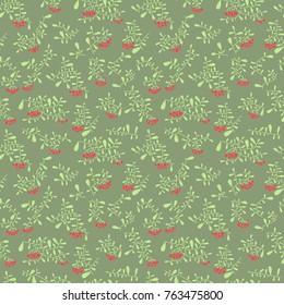 Rowan berry seamless pattern in flat simple style. Doodle floral botany background with branches and leaves. Vector illustration