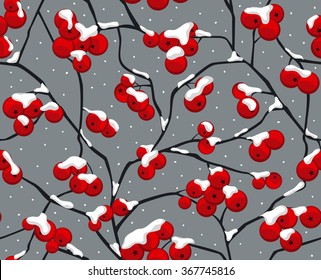 Rowan Berry Seamless Pattern. Winter Background With Berries. Rowan Berry Tree Texture