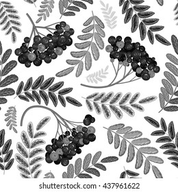 Rowan berry seamless texture. Black and white vector illustration
