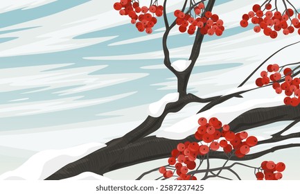 Rowan branch with ripe red berries, covered with snow. Tree branch in winter against the sky. Realistic vector landscape