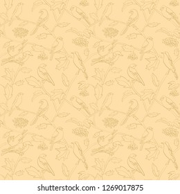 rowan branches with berries and birds on beige vector seamless pattern