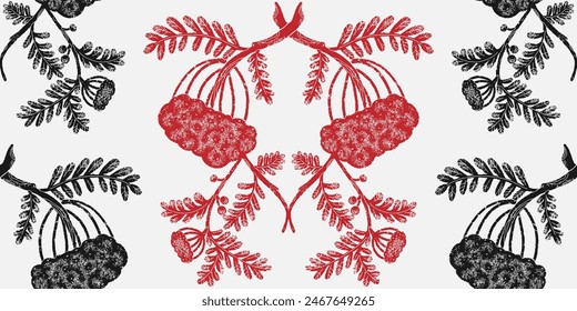 Rowan branches with bunches of berries. Natural plant pattern. Graphic texture elements in linocut style. Vector seamless overlapping pattern background wallpaper fabric. Red and black