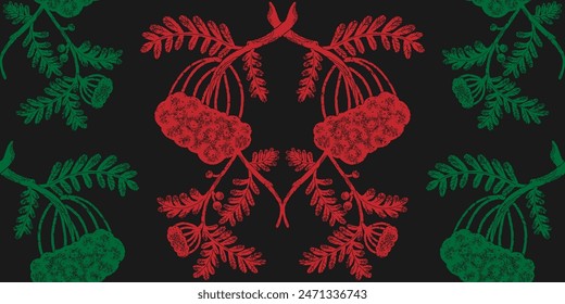 Rowan branches with bunches of berries. Natural plant pattern. Graphic texture elements in linocut style. Vector seamless overlapping pattern background wallpaper fabric.