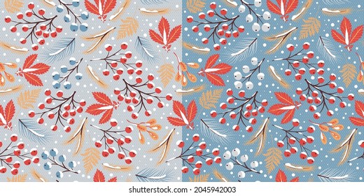 Rowan branches, coniferous branches, leaves covered with snow on a grey background. A set of 2 seamless patterns.