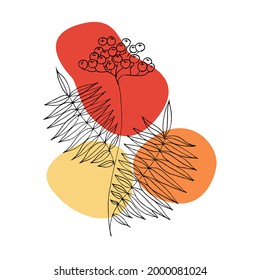 Gewöhnliche Äste mit Blättern und Beeren. Moderne Einzelkunst. Vektorgrafik Herbst. Perfekt für die Innendekoration wie Plakate, Tapeten, Taschenaufdruck oder T-Shirt-Druck, Aufkleber, mobile Gehäuse