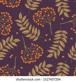 Rowan branches and leaves on violet background. Vector seamless pattern.