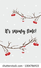 Rowan branches in the snow. Winter Vector Illustration