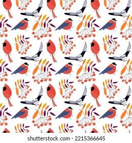 Rowan branches and winter birds. Cute illustration for children