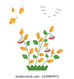 Rowan bush, autumn leaves, a flock of birds flying away to the south. Set of vector illustrations for your design
