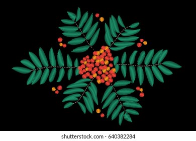 Rowan embroidery stitches on black background. Red and orange berry with green leafs for print and design. Vector