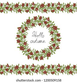 Rowan endless horizontal brush. Ashberry seamless horizontal border. Floral garland, floral wreath.