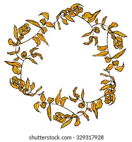 rowan floral round frame, border wreath for your text Orange Leaves contours isolated on white background hand-drawn. Vector