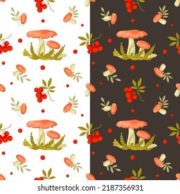 rowan and mushrooms vegetal seamless pattern