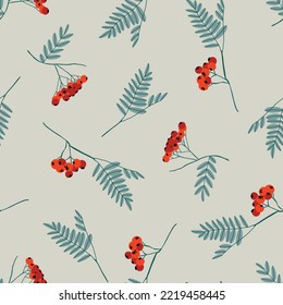 Rowan on beige seamless vector pattern. Red rowan berries on branches. Minimal hand drawn pattern design for wrapping, textile and stationery.