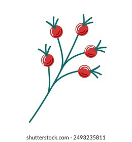 Rowan on a branch in flat style. Red juicy autumn berry. Vector illustration isolated on a white background.