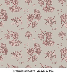Rowan sin costuras con bayas y hojas. Traje el fondo a mano con una planta de ruanas en un adorno repetitivo. Fondo decorativo para impresión, textil, etiqueta, envoltura. Ilustración del vector