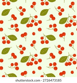 Rowan nahtloses Muster. Botanischer Druck. Rote Beeren mit Zweigen und Blättern auf hellgrünem Hintergrund. Vektorgrafik.