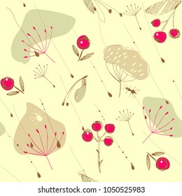 Rowan, seeds, insects and grass flying under the drops of rain in beige, light green, red and black colors the seamless pattern on light yellow background
