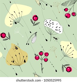 Rowan, seeds, insects and grass flying under the drops of rain in beige, light yellow, white, green, red and black colors the seamless pattern on light green background.