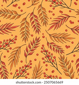 Rowan sprigs colorful seamless pattern with berries and twigs with petals different shades for design books and magazines vector illustration