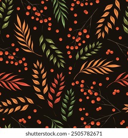 Rowan tree pattern seamless colorful with twigs and berries for design of fashionable women dresses or men t-shirts vector illustration