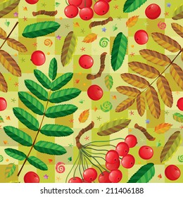 Rowan twigs berries and leaves - vector seamless pattern