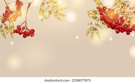 Rowan twigs with berries, yellow-orange autumn leaves colorful ornament for design and illustrations. Vector