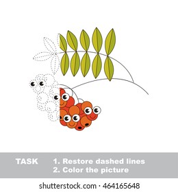 Rowan in vector to be traced. Restore dashed line and color the picture. Visual game for children. Easy educational kid gaming. Simple level of difficulty. Worksheet for kids education.