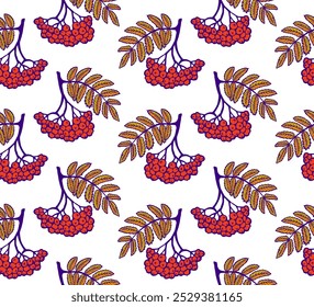 Rowan vector pattern, seamless autumn pattern with rowan berries and leaves designed for wrapping paper or fabric