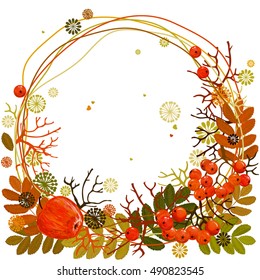 Rowan. Viburnum. Bright greeting card! Pattern, wreath of rowan, leaves and apple. Vector illustration. A beautiful illustration of a pattern of bunches of rowan. Exclusive design. Hello, Autumn! 