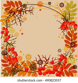 Rowan. Viburnum. Bright greeting card! Pattern, wreath of rowan, leaves. Vector illustration. A beautiful illustration of a pattern of bunches of rowan. Exclusive design. Hello, Autumn! 