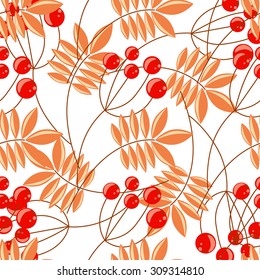 Rowanberry branch autumn seamless pattern. Vector winter holidays background.