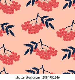 Rowanberry branch hand drawn vector illustration. Bunch of red berries. Floral seamless pattern.