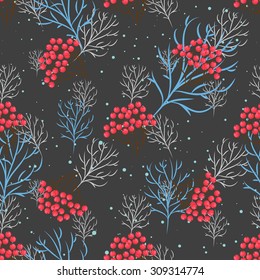 Rowanberry branch seamless pattern. Vector winter holidays dark grey background. Trees silhouettes without foliage and snow