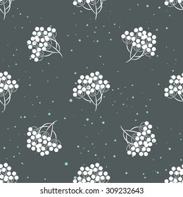 Rowanberry branch and snow seamless pattern. Vector winter holidays dark grey background.