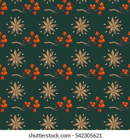 Rowanberry branches and cinnamon. Seamless floral pattern of plants on color background. Minimalist style. Vector illustration