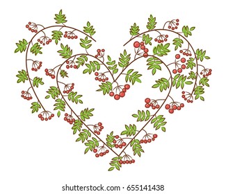 Rowan-berry in heart shape vector illustration. Decoration for Valentine's Day. Branches with green leaves and red berries.