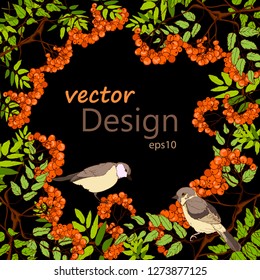 Rowan-frame hand-drawn with birds. Isolated on a black background with space for text. Vector graphics eps 10