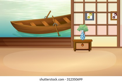 Rowboat floating outside the house illustration