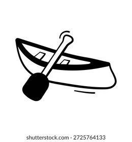 Icono de bote de remos en estilo doodle, que representa viajes por el lago, paseos en bote y aventuras marinas.