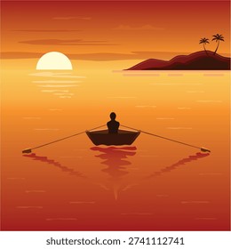 Rowboat is silhouetted in the setting horizon sun. A tropical island is close by. The boat and oars gently ripple the calm waters as a person steers the boat towards the horizon. 