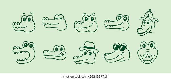 Rowed set of ten hand drawn crocodile head outlines showing variety of playful expressions and simple accessories, minimal dark green strokes on pale green field, consistent stroke weight and