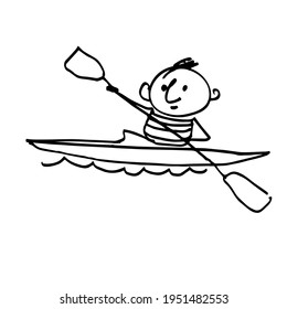 Rower en una canoa. Deportista acuático. Carácter gracioso hecho a mano. Caricatura. Una simple ilustración del doodle. Vector