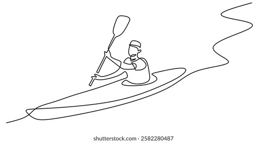 Rower paddling in a canoe in continuous line drawing. Symbol of coordination, teamwork, and strength in water sports. Vector illustration hand drawn.