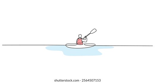 Rower paddling in a canoe, symbolizing strength, water sports, and fitness. One line drawing capturing the flow and technique of paddling. Vector illustration hand drawn.