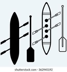 Rowers, boat sports Isolated on blue background. Vector silhouettes